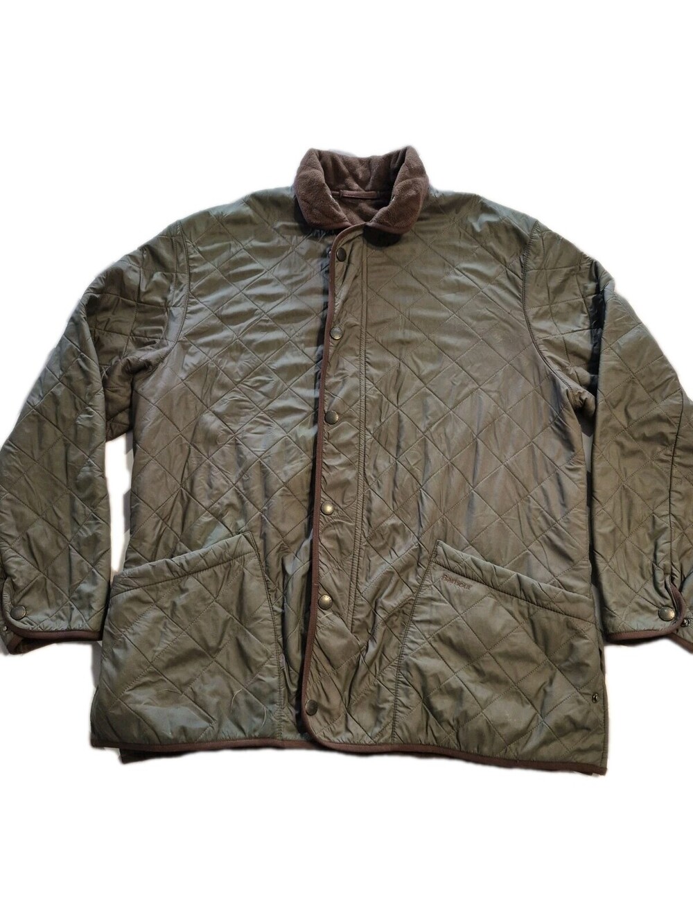 Barbour Powell Diamond Quilted Jacket Mens Size L Dark Green Brown Fleece Collar